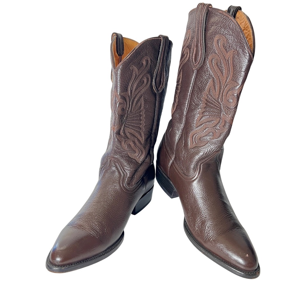 Yoncer Mens Dark Brown Leather Pointed Toe Western‎ Cowboy Boots Size 11.5